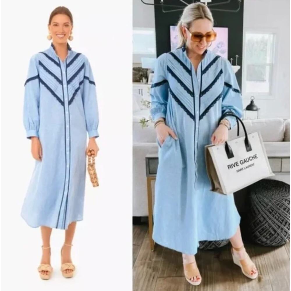 Tuckernuck Light Blue Maxi Shirt Dress with Navy Trim - Picture 2 of 9